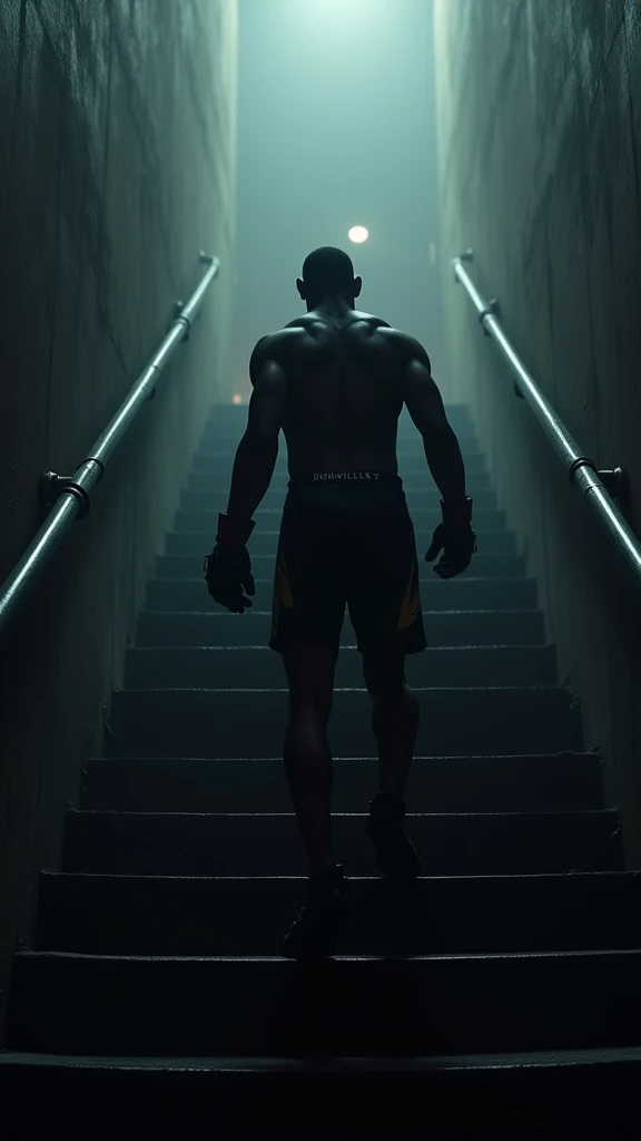 "Kamaru Usman, captured from behind, carefully walking downstairs backwards with a pained expression. The scene is dimly lit, symbolizing his battle against the constant pain in his knees. The stairway is long and daunting, reflecting his everyday challenge    