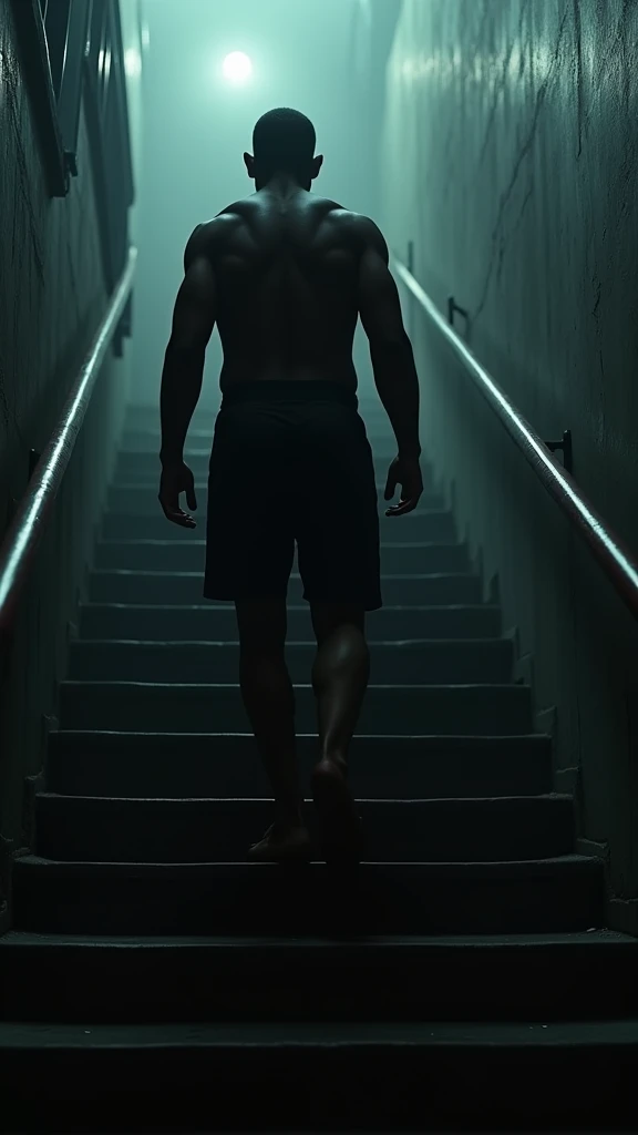 "Kamaru Usman, captured from behind, carefully walking downstairs backwards with a pained expression. The scene is dimly lit, symbolizing his battle against the constant pain in his knees. The stairway is long and daunting, reflecting his everyday challenge
