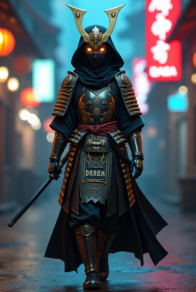A girl 151girl, samurai armor, niqabis, big name tag text Mata Dragon on armor or on katana, intricate decorations, details, cool colors, metallic, Egyptian details, extremely intricate details, sleek realistic lighting , trends in cgs society, glowing eyes, holding katana, neon details, surreal details, full body portraits, Malaysian culture atmosphere, global illumination, shadows, octane rendering, 8k, super sharp. fix body, , walking bravely,