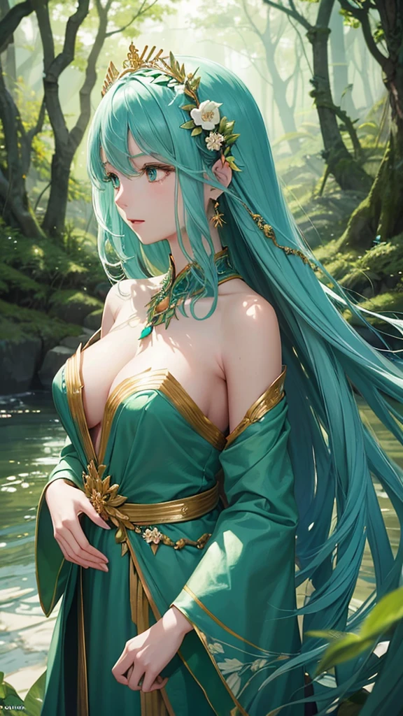 "Create a digital anime-style illustration of a beautiful forest spirit or nature goddess with long, flowing teal hair. She should wear a detailed green dress adorned with leaf and floral patterns, fitting a fantasy theme. The design should have less skin exposure, particularly around the chest and shoulders, using additional fabric or natural elements like leaves or vines for coverage. The character should have a graceful and mature appearance, looking around 2, with expressive eyes and a serene expression. The background should feature a lush, mystical forest with soft lighting and glowing flora, enhancing the ethereal atmosphere."