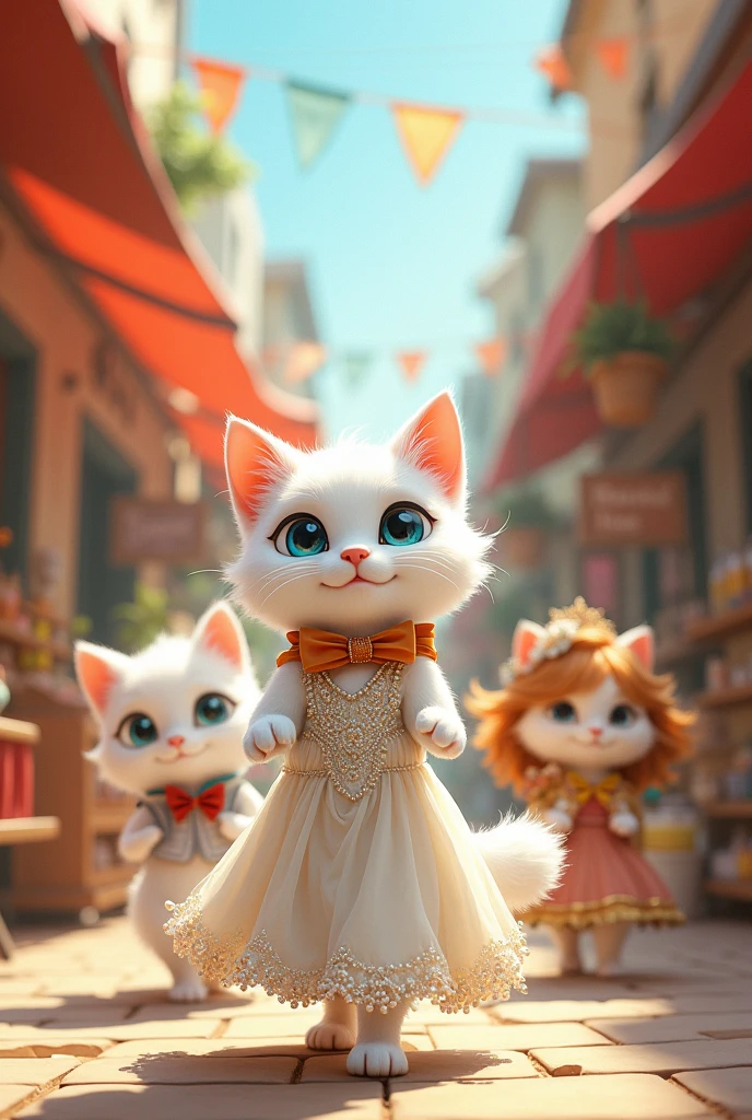 Certainly! Here’s the story of Snowflake the white cat from her perspective:Today was a day full of excitement. I, Snowflake, chose to wear my favorite gown—a delicate creation of shimmering silk, adorned with pearls and silver threads. As I twirled in front of my mirror, I could see the light dance on my dress, making me feel like! My family was already bustling about, each one preparing for our outing. My mother, Grace, wore her elegant, floral ensemble, which matched her warm and nurturing demeanor. My playful brother, Leo, was already full of energy, his bright yellow bow tie bouncing with his every move. Bella, my gentle sister, chose a soft blue dress that complemented her serene nature. Together, we looked like a parade of elegance and joy.We set out for the village market, the cobblestone streets lined with colorful stalls and cheerful vendors. I led the way with my head held high, feeling every bit the queen of the day. The villagers couldn’t help but admire my dress, their kind words making my heart swell with pride.