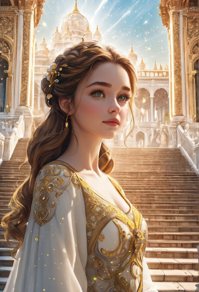 animated movie, best illustration, (1 girl:1.3, Belle from Beauty and the Beast_beautiful appearance), A body made of light, Close-up of upper body from frontal angle, best quality, very detailed photos,, best quality, ultra high resolution, sunlight, full body portrait, delicate face, Lively and delicate eyes, (front), Fluorescent white and gold, detailed face, Detailed and intricate background standing on the steps of a magnificent palace, Very cool, 8K Ultra HD, SLR camera, high quality, White skin, photorealism, transparent light particles,