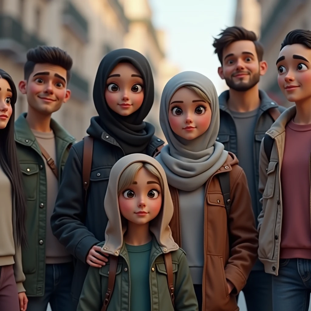 ((3 hijabless man wear jacket), (2 hijabbed woman), (1 hijabless teenage girl)), casual fashion, happy expression, just concentrate, white skin people, crowdless, extreme detail, masterpiece, 4k, gaming character, adult 3D character, proportional, cinematic lighting