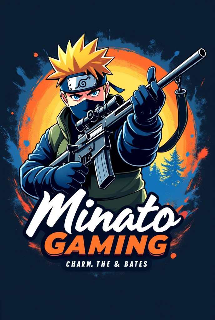 The logo features Minato Namikaze in a dynamic pose, holding an AWM sniper rifle and giving a thumbs up. The text "Minato Gaming" is written in a stylized with dynamic colors, cursive font of him, with a subtle ninja headband incorporated into the design. The color scheme is a mix of blue and orange, evoking a sense of energy and playfulness. background should have dynamic colors    and the logo should be fit for the profile for the youtube account 
