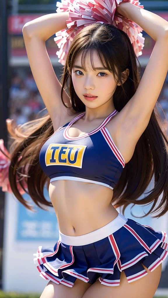 (masterpiece,Highest quality,Ultra-high resolution),One Japanese woman, (((Very beautiful girl))), cute、Look at the photographer、 (()), とてもcute顔, Natural smile、 Natural Makeup, Shiny and smooth hair、, Perfect limbs, Perfect Anatomy,(((Shining cheer uniforms,Cheerleader,Cheerleader,Tube top))))Stadium,Wet with sweat,(((Tube top)))Big Breasts,Dynamic pose、Sweaty、Flushed Cheeks、 (A big bust that seems to burst:1.20),(Beautiful Big 1:1),,(((汗かき)))