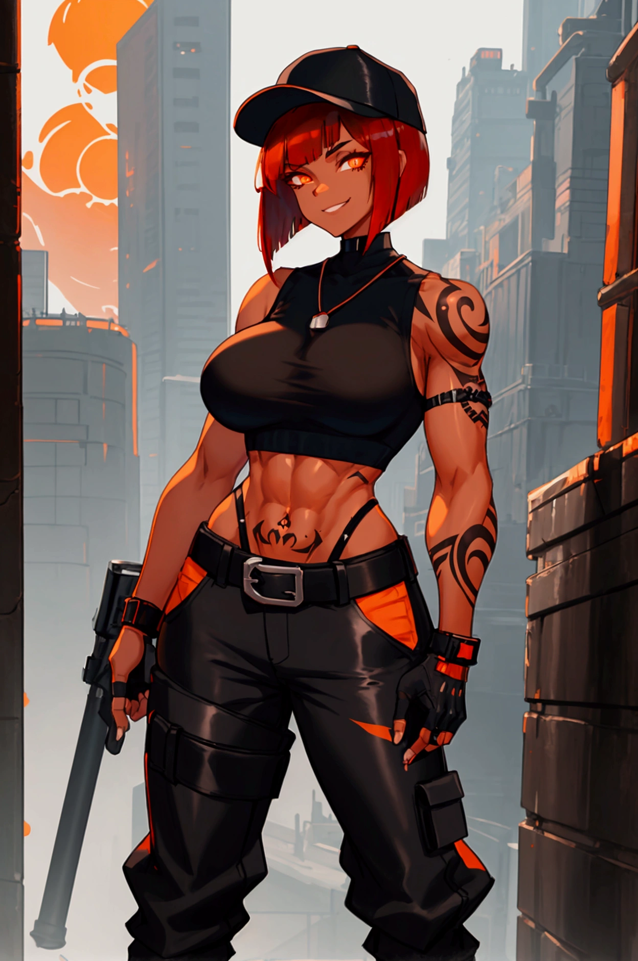 1woman, extremely muscular, tall, very tan, (black fade to red hair, Cyber Y2K Asymmetrical Bobcut, glowing orange eyes, big breasts, curvy, black tattoos on arms), city, (black sleeveless crop top, baggy black pants, brown leather belt, black military boots, black backwards baseball cap, fingerless gloves), hands in pockets, grinning