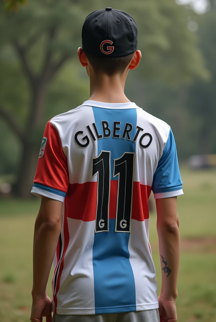 High quality photography, from a 19 year old boy, standing naked in front with his shirt in his hands showing it from behind, The shirt is a soccer shirt and has the name Gilberto with the number 11 below it., the shirt has white stripes, blues and reds, The boy has a black cap and the cap has the initial G on it., The boy has a small tattoo with the initials GGG, anime drawing