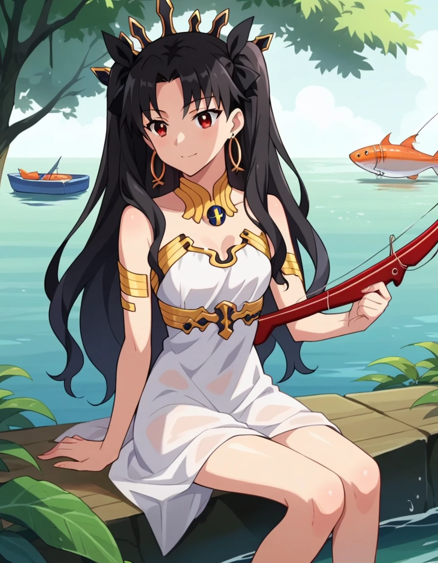 score_9, score_8_up, score_7_up, score_6_up BREAK source_anime, ishtar, long hair, black hair, ribbon, hair ribbon, two side up, red eyes, parted bangs, crown, 1girl, (fishing while sitting near a stream:1.3), light smile, anime screencap