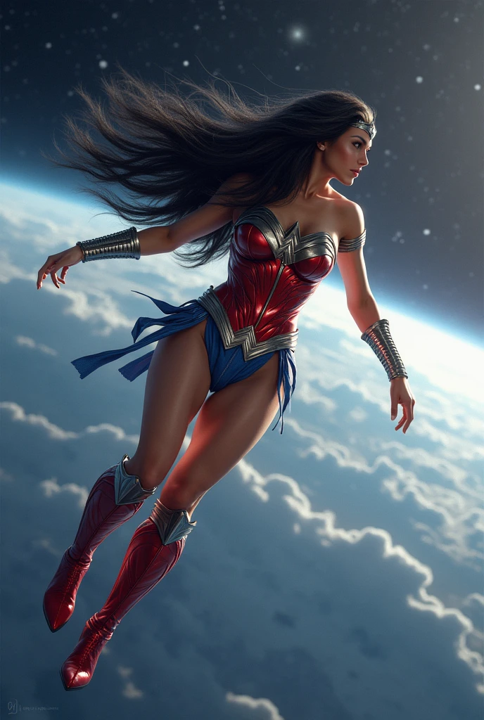 A beautiful woman with long black hair wearing the costume of the Amazon warrior Wonder Woman (((Red and blue leather jumpsuit)))Silver colored diaema with a star on her forehead silver colored bracelets red leather boots long to her knees flying over space and looking at the planet earth from above in space