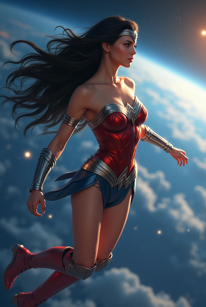 A beautiful woman with long black hair wearing the costume of the Amazon warrior Wonder Woman (((Red and blue leather jumpsuit)))Silver colored diaema with a star on her forehead silver colored bracelets red leather boots long to her knees flying over space and looking at the planet earth from above in space