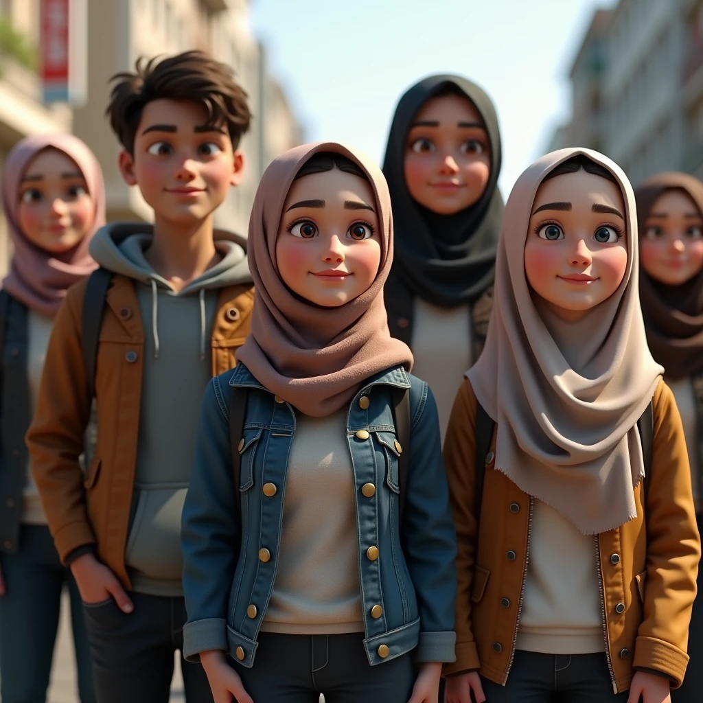 ((3 hijabless man wear jacket), (2 hijabbed woman), (1 hijabless teenage girl)), casual fashion, happy expression, just concentrate, white skin people, crowdless, extreme detail, masterpiece, 4k, gaming character, adult 3D character, proportional, cinematic lighting