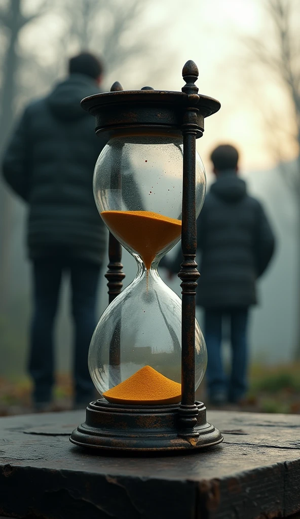 A symbolic depiction of patience**: An image of a fragile sand timer with the sands almost run out, representing patience and the passage of time. In the background, a shadowy silhouette of a father and son can be seen, symbolizing their intertwined destinies.