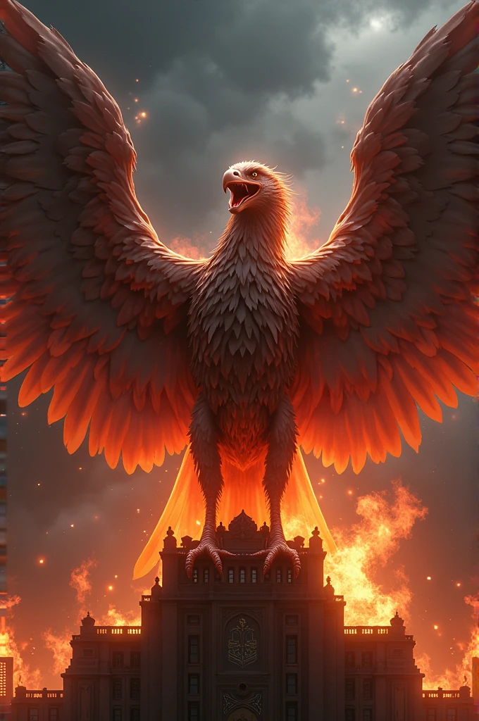 Garuda, in anger, ready to attack stupid government, 17 feathers on each wing, 8 feathers on lower tail, 19 feathers on upper tail, 45 feather on neck, on fire, dark scene, angry face, hyper realistic, 4d, facing front, standing on top of istana negara indonesia