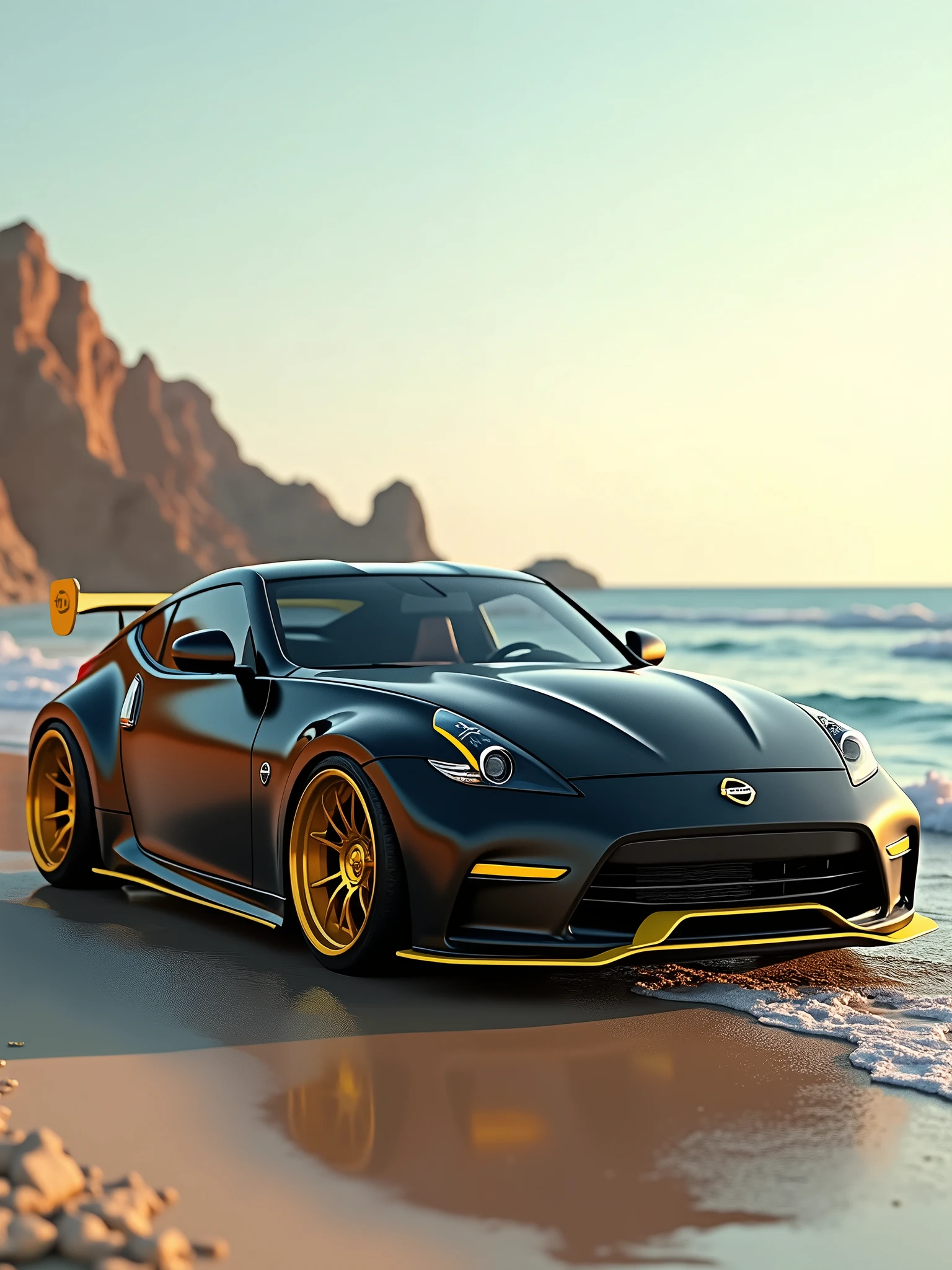 A mesmerizing 4K ultra HD 3D render of a modified 2019 Nissan 370Z, showcasing its sleek matte black finish accentuated by vibrant yellow details and custom rims. The pristine shores of Dubai serve as the perfect backdrop, with the clear blue waters of the Arabian Sea gently lapping at the shore. The warm golden sunlight creates a luxurious and captivating atmosphere, as it reflects off both the polished car and the shimmering waters.