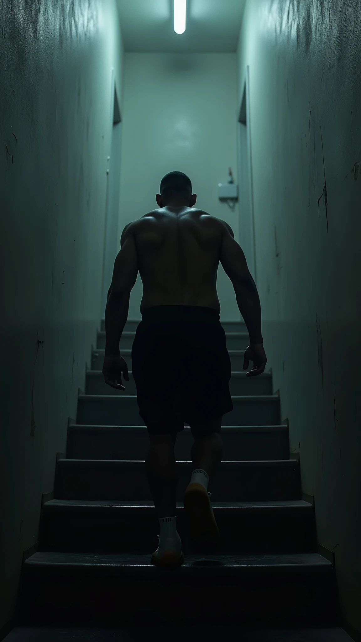"Kamaru Usman, captured from behind, carefully walking downstairs backwards with a pained expression. The scene is dimly lit, symbolizing his battle against the constant pain in his knees. The stairway is long and daunting, reflecting his everyday challenge