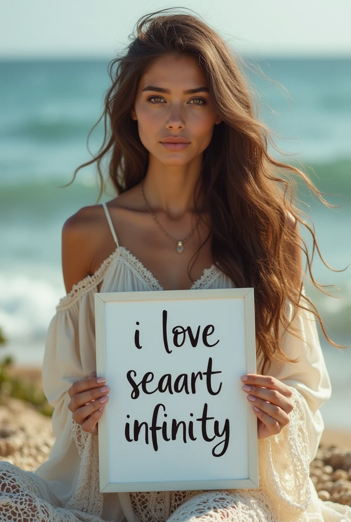 Beautiful girl with wavy long hair, bohemian dress, holding a white board with text "I Love Seaart Infinity" and showing it to the viewer