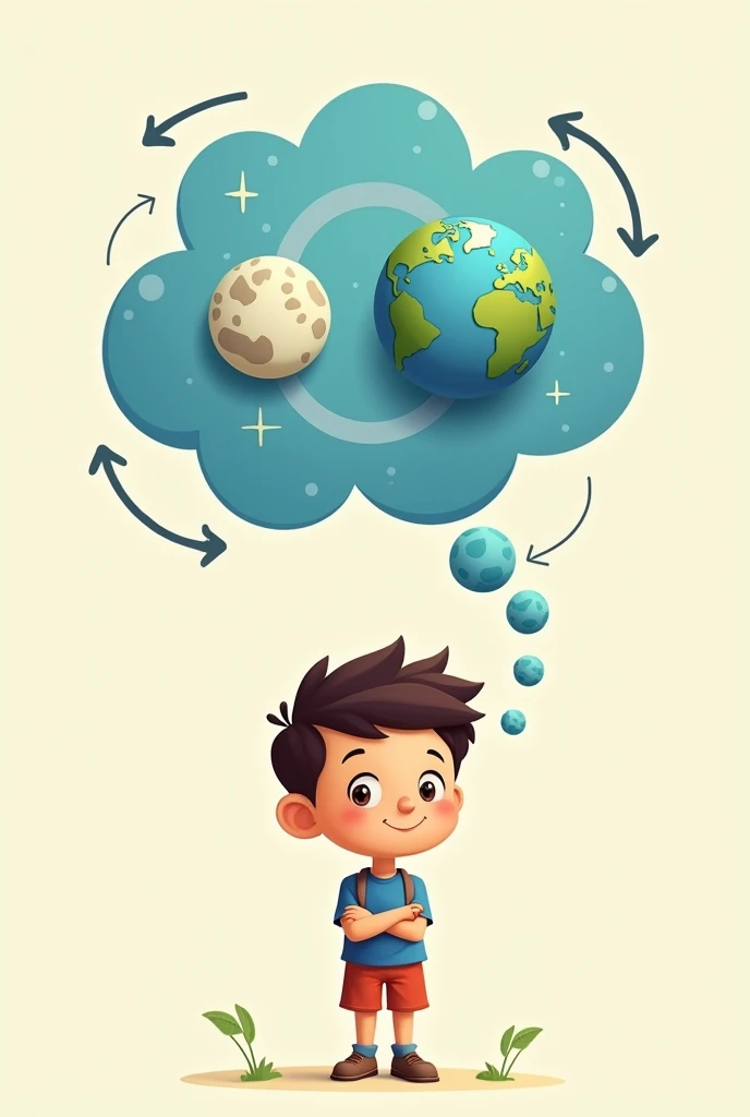 Create Image Suggested Image: Alex smiling with a thought bubble showing the Earth and the Moon, with arrows indicating differences in weight but the volume is the same.