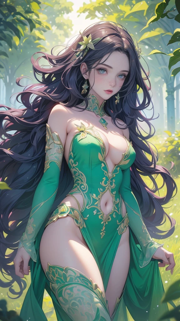 uma dryad; beautiful and sculptural toned body; rosto angelical; scenery with strong and vivid colors; beautiful lips; focused and ultra detailed eyes; uhd; royal leaf clothing, greens and vines with colorful flowers; (Wavy hair, matte black and long swaying in the wind); lot of flowers, flowery atmosphere, beautiful landscape
