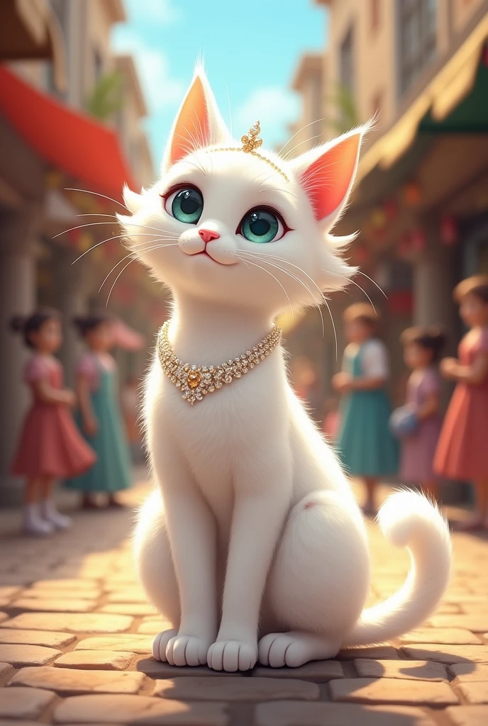 Certainly! Here’s the story of Snowflake the white cat from her perspective:Today was a day full of excitement. I, Snowflake, chose to wear my favorite gown—a delicate creation of shimmering silk, adorned with pearls and silver threads. As I twirled in front of my mirror, I could see the light dance on my dress, making me feel like! My family was already bustling about, each one preparing for our outing. My mother, Grace, wore her elegant, floral ensemble, which matched her warm and nurturing demeanor. My playful brother, Leo, was already full of energy, his bright yellow bow tie bouncing with his every move. Bella, my gentle sister, chose a soft blue dress that complemented her serene nature. Together, we looked like a parade of elegance and joy.We set out for the village market, the cobblestone streets lined with colorful stalls and cheerful vendors. I led the way with my head held high, feeling every bit the queen of the day. The villagers couldn’t help but admire my dress, their kind words making my heart swell with pride.Leo entertained everyone with his playful antics, leaping between stalls and causing giggles all around. Bella and Grace were busy selecting the finest produce, their laughter mingling with the chatter of the market. I felt a deep joy in seeing my family so happy and engaged.As the day drew to a close,