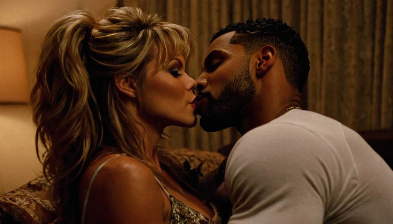 Caucasian actress Janine Lindemulder and a handsome African American male whose facial features are a combo of Omari Hardwick + Jason Derulo + Christian Keyes share a steamy kiss inside a bedroom lit only by candlelight. Janine has lovely makeup on her face. Nighttime. Romantic ambiance. Symmetrical eyes. Symmetrical faces. Lovely details. Photorealistic. Full-colored photo. Professional photo. Highly detailed 8K.