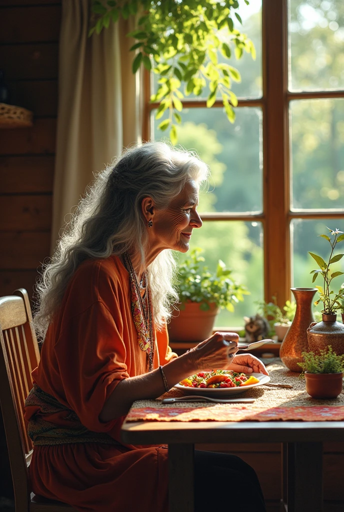 Profile silhouette of a 67 year old hippie bohemian woman eating in her wooden dining room with a garden view




