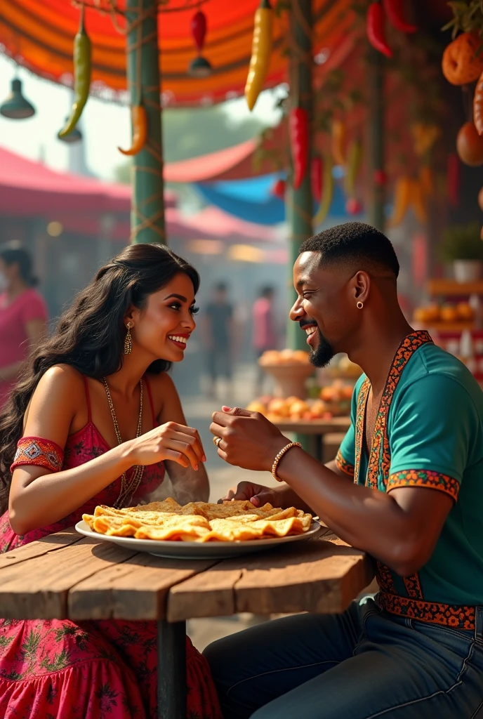 Draw Jenny Rivera with Will Smith eating quesadillas at a Mexican stand