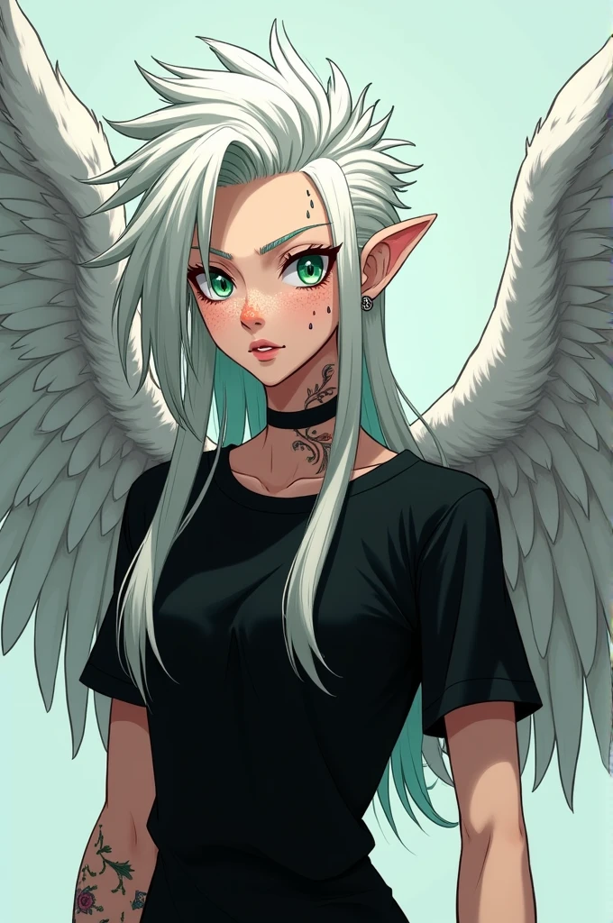 My hero academia screenshot, 18 year old boy, He has long white hair cut wolf cut, emerald green eyes, She has very marked freckles, She has a piercing in her nose and ears, Tall, thin, muscular body and has a tattoo on his neck, angel wings, he is wearing a black shirt that is tight to his body, highlighting his pectorals
