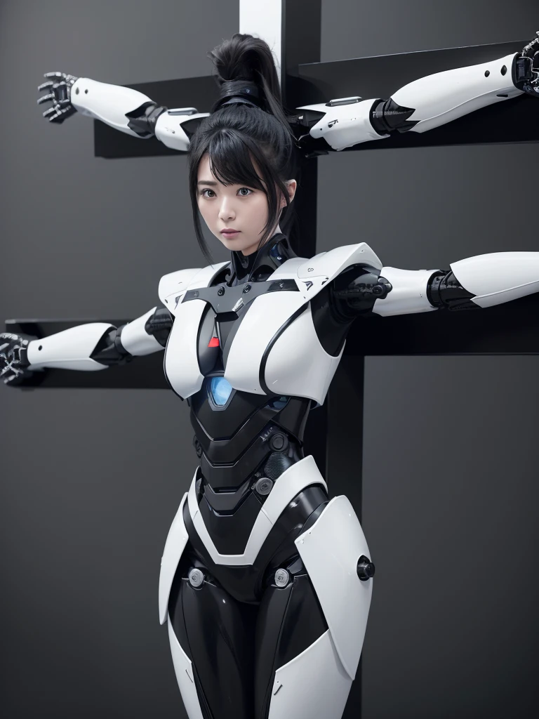 Highest quality，masterpiece，Ultra-high resolution, Very detailed, 8k，(Beautiful woman)，Beautiful 25-year-old Japanese woman:1.5，Black hair ponytail、((Crucifixion))，torture，slave，((クロスにCrucifixionにされた女性：1.5)),Crucifixion刑，(((Black and white futuristic robot suit))), (black and white robot suit, Voluptuous body)、Military Harness,