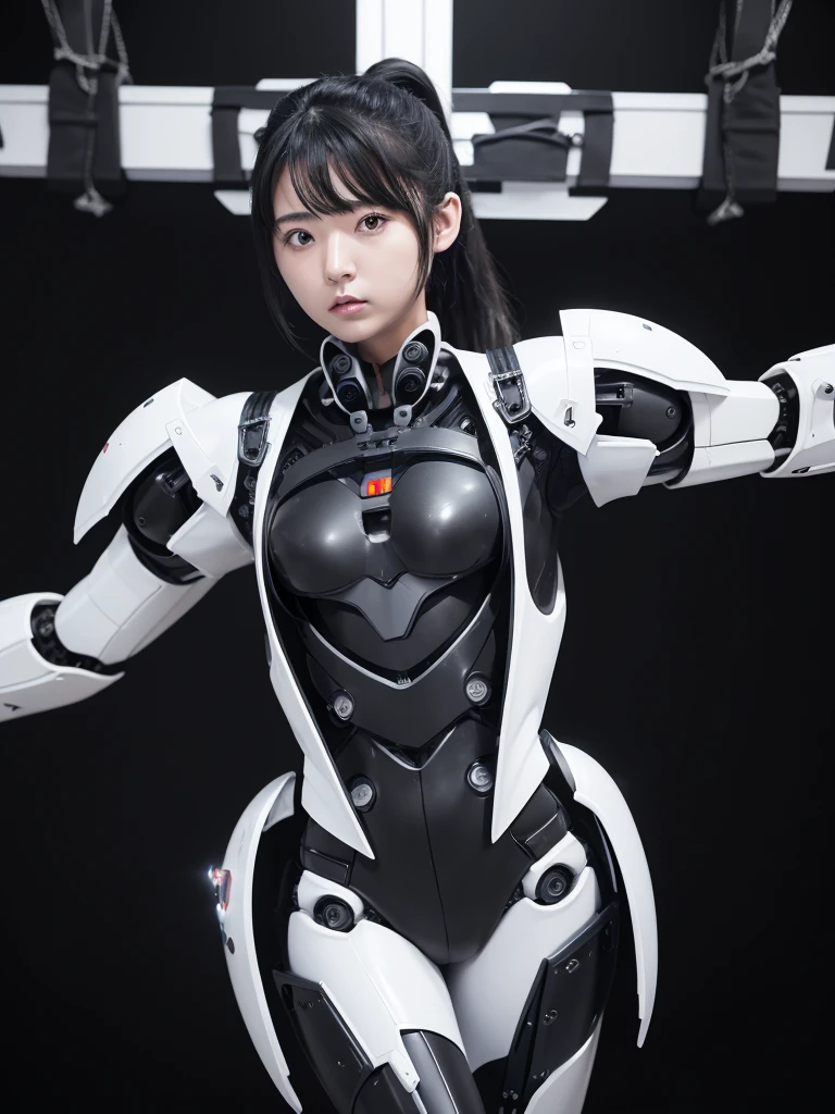 Highest quality,masterpiece,Ultra-high resolution, Very detailed, 8k,(Beautiful woman),Beautiful 25-year-old Japanese woman:1.5,Black hair ponytail、((Crucifixion)),torture,slave,((クロスにCrucifixionにされた女性:1.5)),Crucifixion刑,(((Black and white futuristic robot suit))), (black and white robot suit, Voluptuous body)、Military Harness,