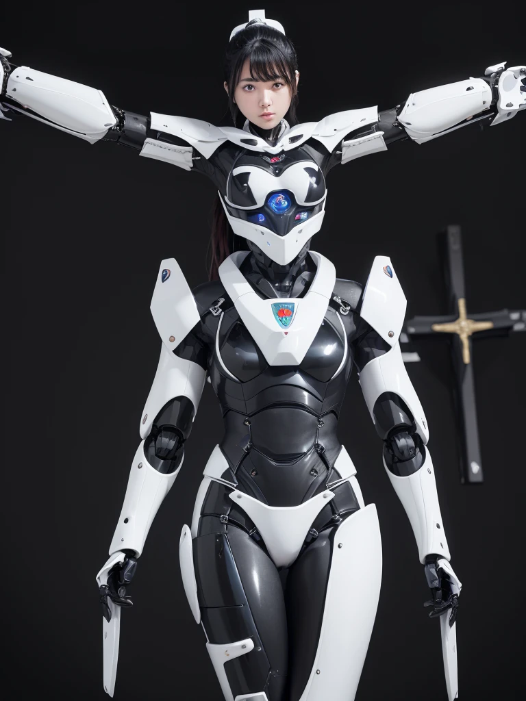 Highest quality，masterpiece，Ultra-high resolution, Very detailed, 8k，(Beautiful woman)，Beautiful 25-year-old Japanese woman:1.5，Black hair ponytail、((Crucifixion))，torture，slave，((クロスにCrucifixionにされた女性：1.5)),Crucifixion刑，(((Black and white futuristic robot suit))), (black and white robot suit, Voluptuous body)、Military Harness,