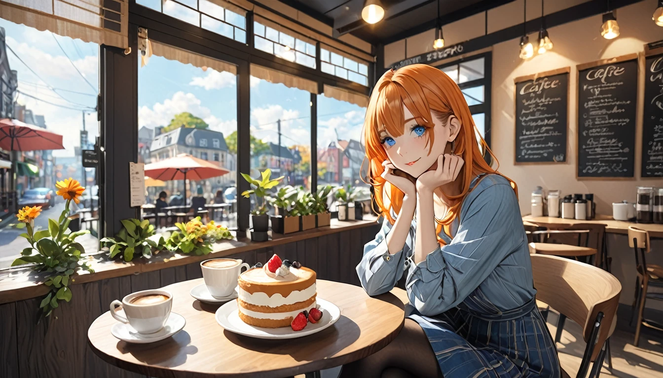 (Highest quality、In 8K、32K、masterpiece、Hmph、Ultra-high resolution、Impressionism、Photorealistic:1.2)、Cowboy Shot、Sharp focus、Detailed face and eyes、(There is a plate of cake and coffee on the table, Cafe, sitting at a mocha-colored table, dessert, ミニチュアCafeジオラマ, ダイナーCafe, At the coffee shop, 居心地の良いCafeの背景, At the coffee shopコーヒーを楽しむ, Cafeに座っている, Shot on a Sony Alpha 1 camera,、Sharp pupils、Beautiful Face、Beautiful 23 year old woman、Glowing Skin、Orange and marine blue hair、Autumn Coordination、Black socks、Put your right hand on your cheek、I am reading、