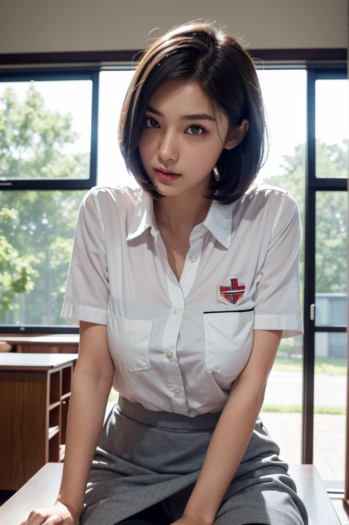 (Ultra-realistic), (figure), (High resolution), (8k), (Very detailed), (Best figure), (Beautiful and detailed), (Highest quality), (Super detailed), (masterpiece), (wallpaper), (Detailed face), alone, One Girl, watching viewer、(High resolution),(High resolution),(High resolution),(8k), One girl, Luna_maya、A young woman is sitting on a desk in a classroom. She has a short, straight bob haircut and is posing with her arms resting on the desk, slightly leaning forward. Large round breasts. Oily skin. Her expression is playful, with her lips puckered as if she is making a "duck face" expression.

She is wearing a school uniform that consists of:
- **Shirt:** Pure white tight short-sleeve button-up shirt with a patch of the Indonesian flag on the left side of her chest and high school logo just above the pocket on the right side of her chest ((box logo with a picture and the words 'osis' right above the shirt pocket)).
- **Skirt:** Plain light grey tight short skirt.
- **Tie:** A long loose tie in plain light grey (the color matches the skirt).

The background shows a classroom setting with wooden desks and whiteboard. The lighting is natural, likely coming from the windows behind her. Extreme close-up shot, Shot from below,