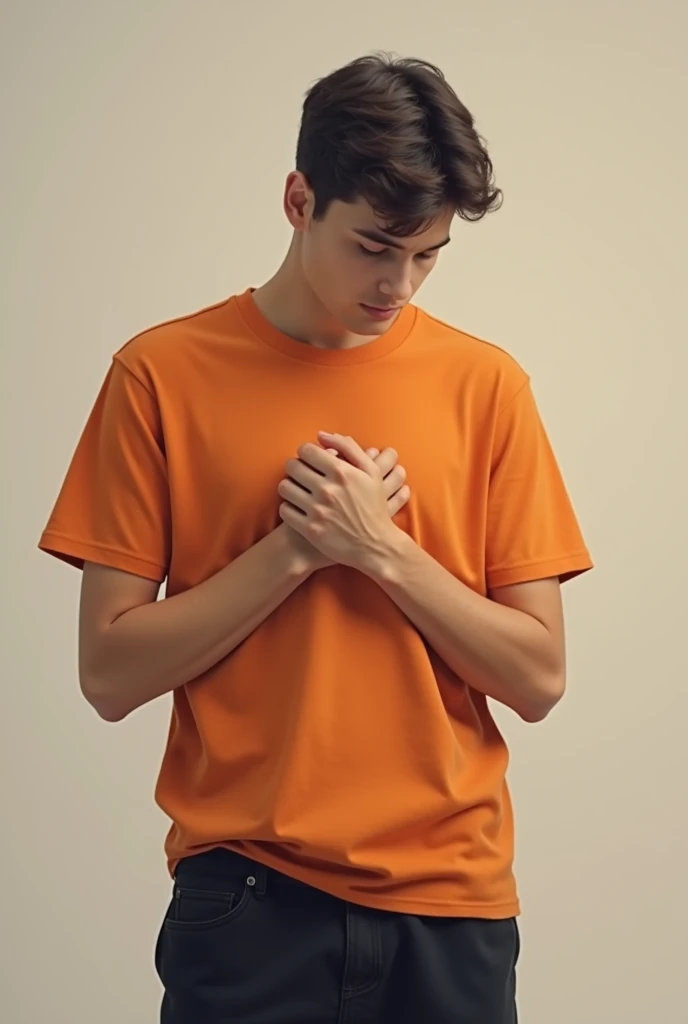 Fist on chest which gives a faithful
wives , with normal orange t-shirt and pant , young boy , with head leaning down and eyes closed
with respect ,