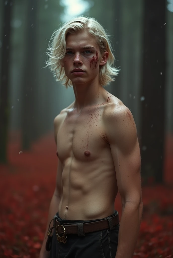 Please generate a beautiful boy with blonde hair, blue eyes and a glare on his face and shoulder length white hair. He is tall with broad shoulders, muscles and a narrow waist and he has no shirt on but wears medieval breeches. Ancient setting. Weather is dark and there is a red forest in the background. Captured as a cinematic film still, shot on a V-Raptor XL, the scene is enhanced with bright sharpness and post-processing. The cinematic lighting and 35mm film quality create an atmospheric, epic, and stunning masterpiece, full of dramatic flair. Marks on his face, sweat, no facial hair.