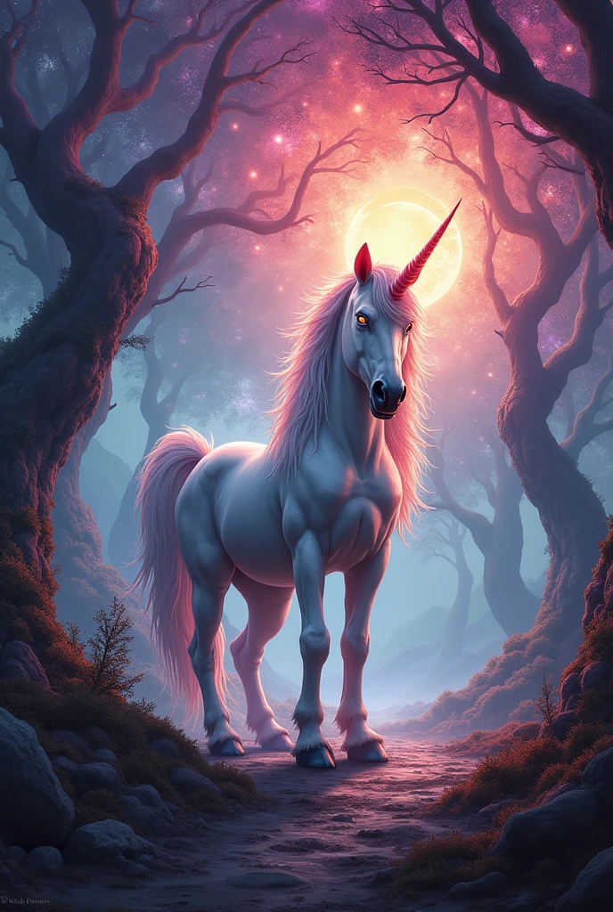 magical landscape with angry red unicorn