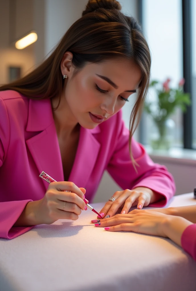 Create for me a Nail designer Brunette in pink clothes working on a client doing her nails 