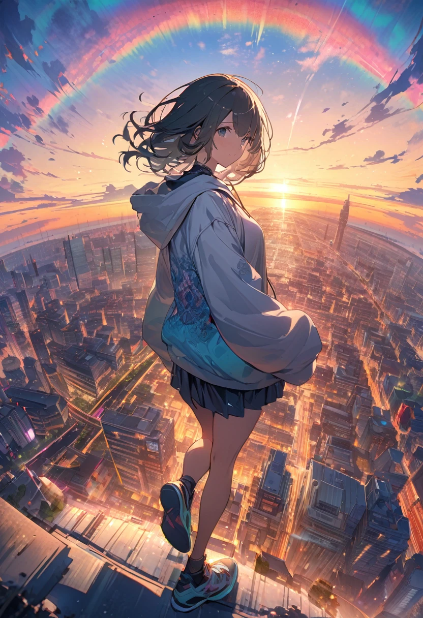 Create exquisite illustrations reminiscent of Makoto Shinkai's style, It has ultra-fine details and top-notch quality. angelic, detailed woman who is walking, woman wearing hoodie, highest billding in city, road, sunrise, horizon, skyline, in the sky, city of clouds, colorful, high-res, 8K