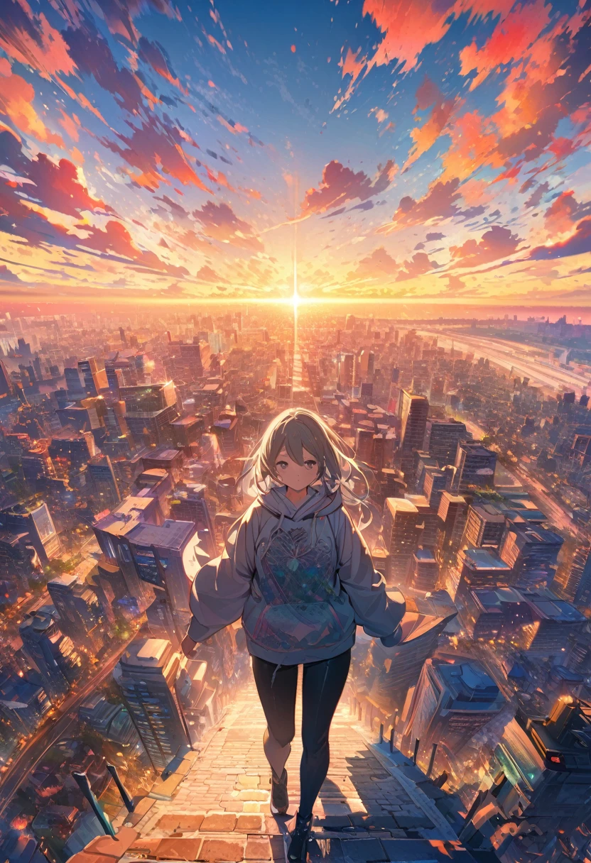 Create exquisite illustrations reminiscent of Makoto Shinkai's style, It has ultra-fine details and top-notch quality. angelic, detailed woman who is walking, woman wearing hoodie, highest billding in city, road, sunrise, horizon, skyline, in the sky, city of clouds, colorful, high-res, 8K