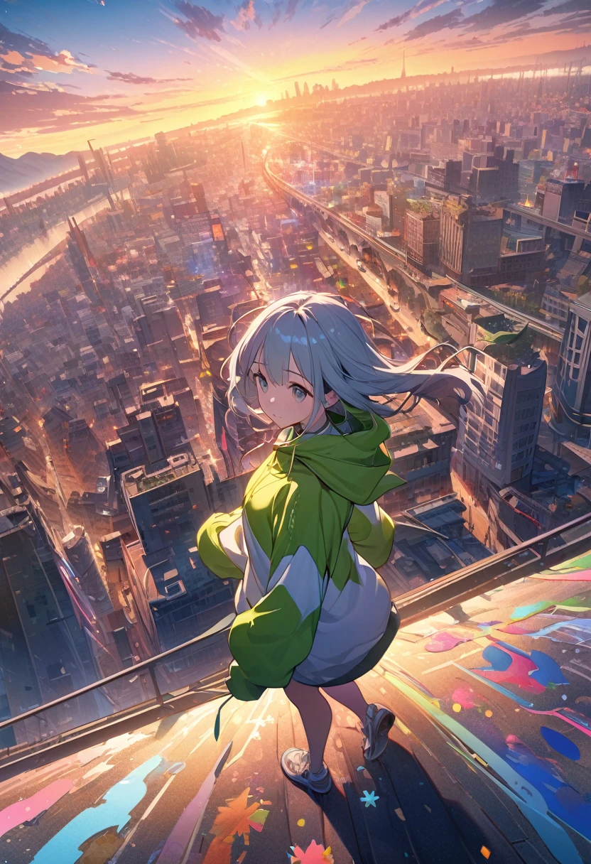 Create exquisite illustrations reminiscent of Makoto Shinkai's style, It has ultra-fine details and top-notch quality. angelic, detailed woman who is walking, woman wearing hoodie, highest billding in city, road, sunrise, horizon, skyline, in the sky, city of clouds, colorful, high-res, 8K