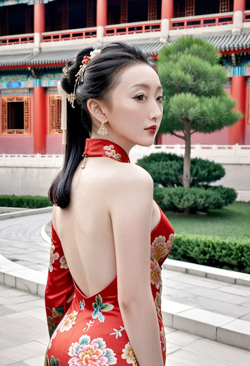 The empress of the Qing Dynasty is wearing a red floral patterned dress, posing naked with her buttocks exposed and her profile visible, outside the Qing Dynasty palace.