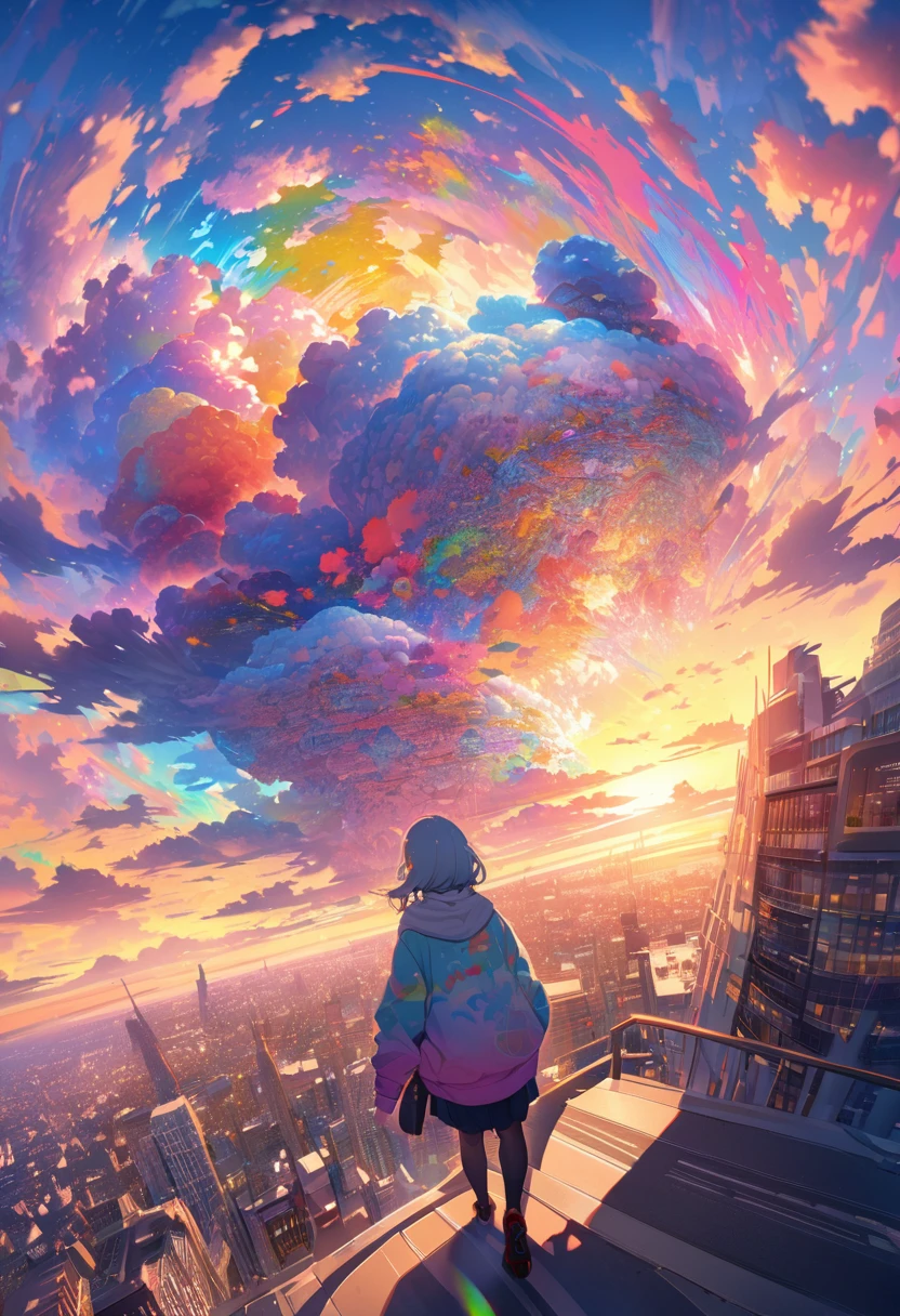 angelic, detailed woman who is walking, woman wearing hoodie, highest billding in city, road, sunrise, horizon, skyline, in the sky, city of clouds, colorful, high-res, 8K