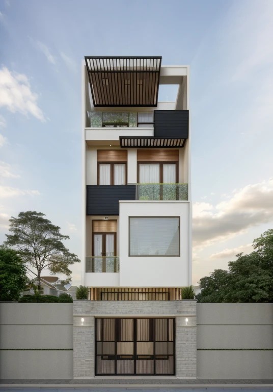 Exterior of house, mordern material decorations, (canopy in front of house:1.4), (a road in front of house:1.3), tree, sky, cloud, morning weather.