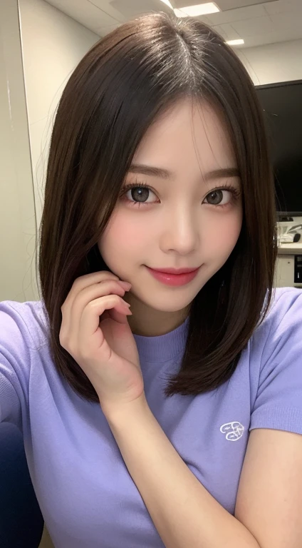((Highest quality, 8k, masterpiece :1.3))Tabletop, Highest quality, shape, Very detailed, The finer details, High resolution, 8k wallpaper, 完璧なダイナミックな構shape, Fine and beautiful eyes, Women Summer,Short Bob Hair,Small breasts and natural lips, Bold sexy pose,smile,Office Lady Uniform, Office Wear, Purple T-shirt，Harajuku、20-year-old girl、cute、Check out these sexy shots from the lens.