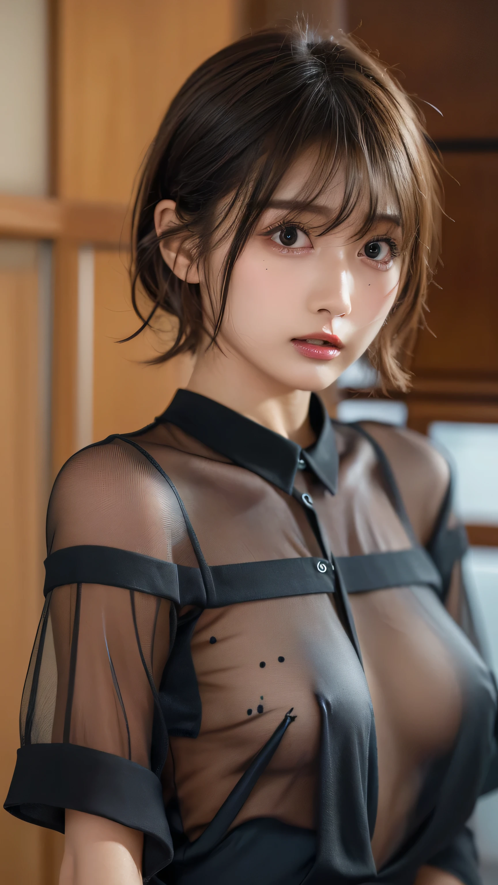 Ultra-high resolution, Superior Quality, Highest quality, Very detailed, Realistic, 8k, RAW Photos, Highest quality, masterpiece, Charm, wonderful, Black short hair, Asymmetrical bangs, Japanese Idols, Sophisticated, stylish, Sheer shirt with sleeves,Stylish Coordination,Tiny pores