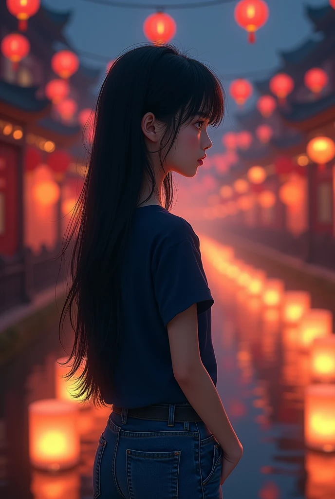 Girl  , 163 height , 57 kg healthy , long black hair, blue loose jeans , dark blue t-shirt , at night in the dark in china there are lanterns burning all around , Small eyes, looks at the lanterns




