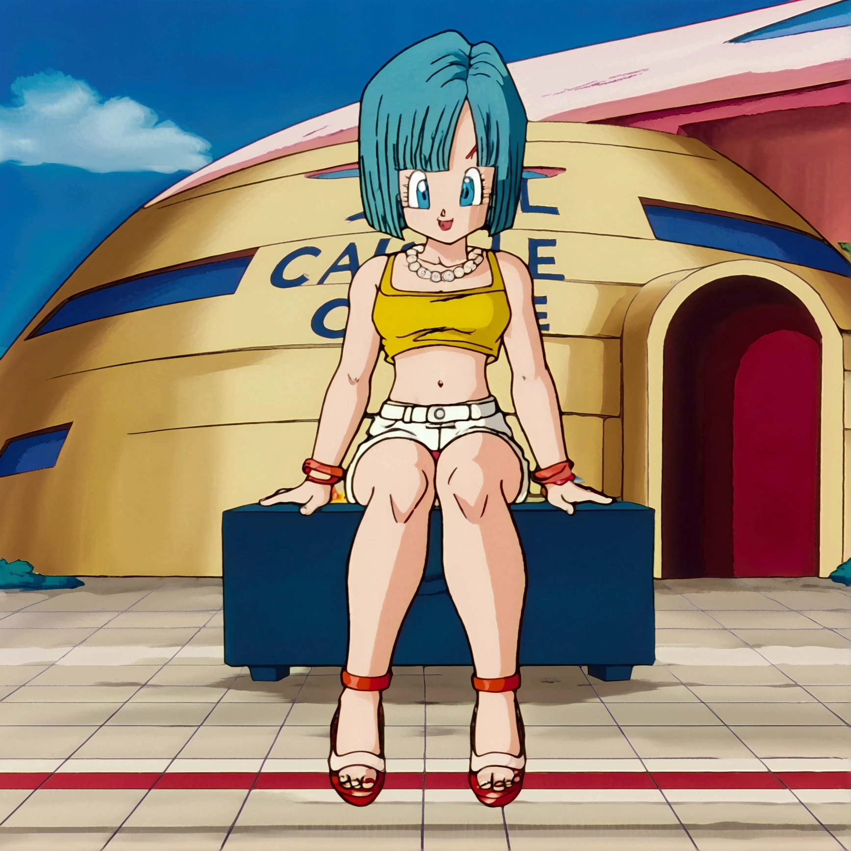 bulma, official art, 1girl, alone, short hair, blue eyes, playa, ocean, belly button, bob cut, sitting, Whole body, Short shorts, abdomen, Pearl Necklace, bracelet, Red high heels, only the upper teeth, yellow headband, yellow crop top, two tone underwear, shorts blancoss, clavicle, bare legs, bare shoulders, knees to chest.