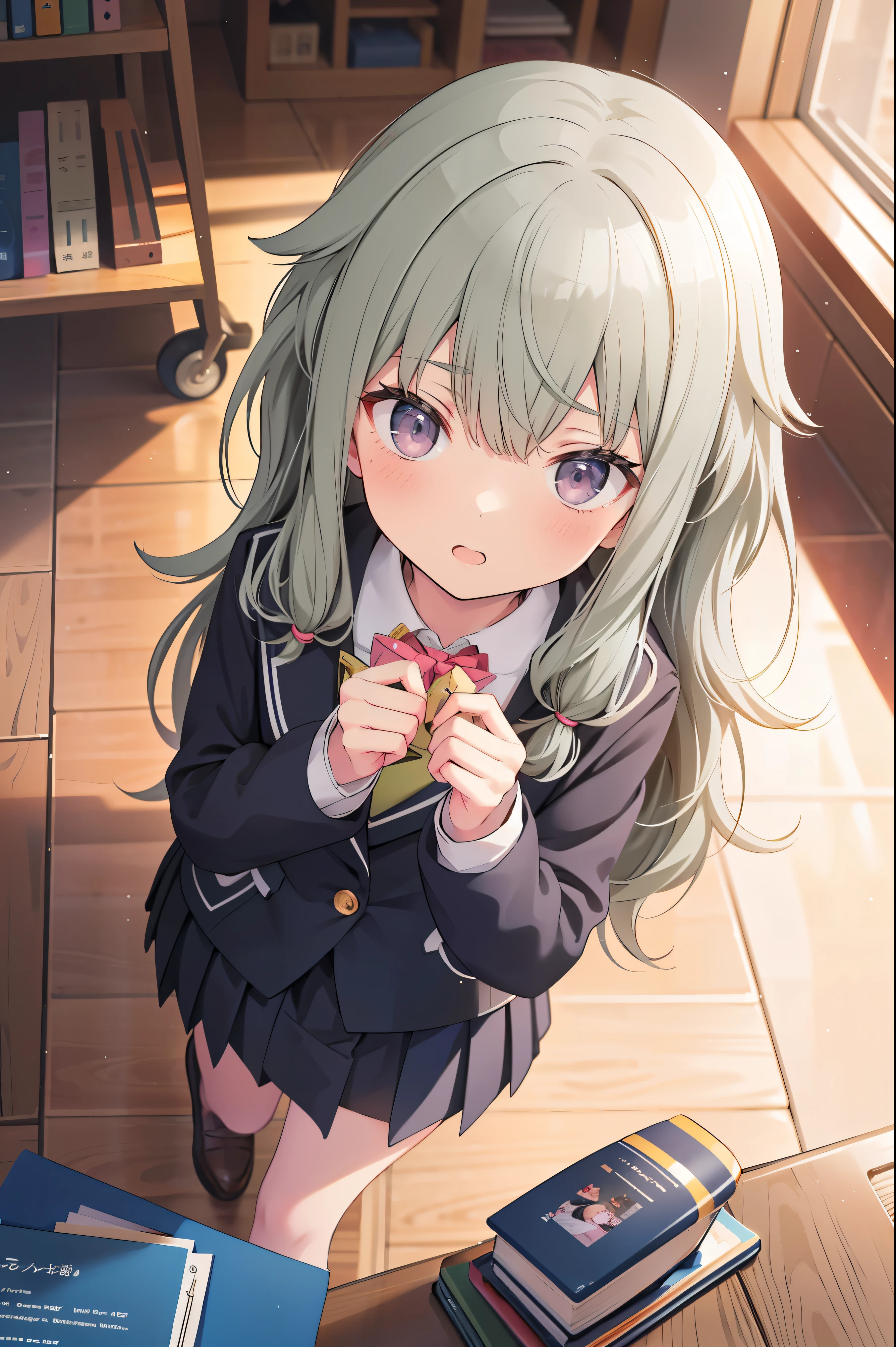 (8k, 最high quality)、Ultra-high resolution、adorable、最high quality, beautiful, (((Absurd beauty)))、school uniform、blazer、high quality、Shiny Hair、Very fine and beautiful bright eyes、Medium chest、nose blush、Very detailed, clear and beautiful face, Awards, (Anatomically correct), (((from above)))