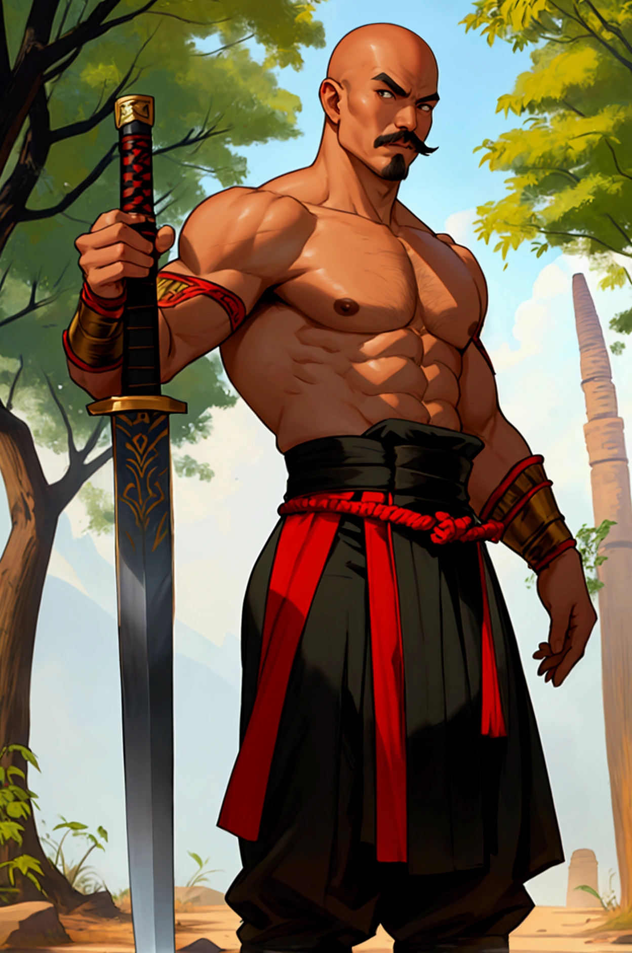man,Bald head with hair on the sides,Not wearing a shirt,,Put on standing shoes.Thai warrior costume, holding an assassin sword,Ayutthaya ,,chubby,There is a slight mustache.
