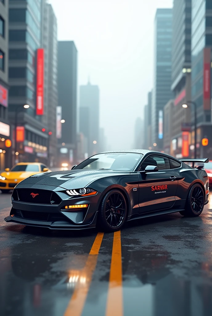 Black colour mustang gt in neon head light in cyber punk