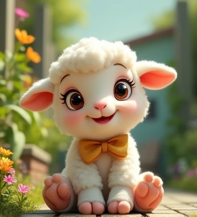 Imagine a lifelike little lamb with humorously exaggerated features, oversized, dressed in cute clothes, bright eyes and curiosity, smiling, frontal image, smiling bunny, Disney style, capturing natural textures, although its little paws are slightly larger, they are even cuter. The background is a simple garden, with a focus on natural colors and some green plants, creating bright colors and white lambs